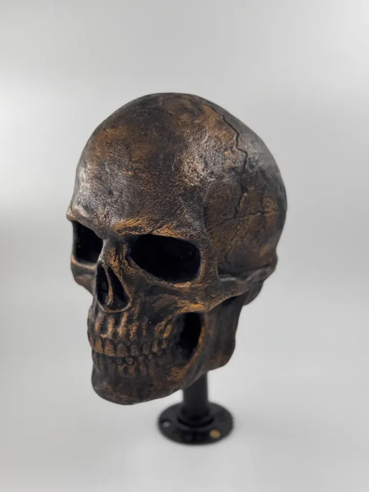 Crâne décoratif imprimé en 3D, finition bronze vieilli obtenue par patine